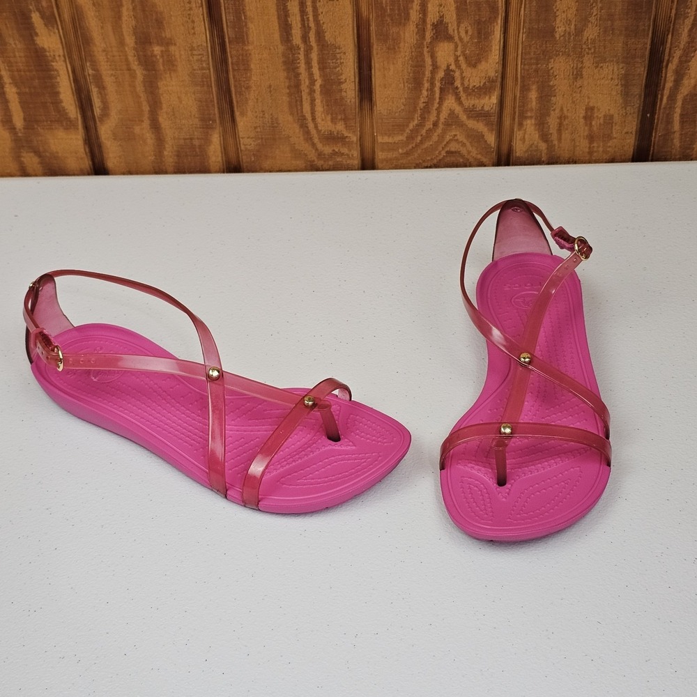 CROCS Really Sexi Sz 6 Pink Jelly Flat Ankle Strappy Buckle Thong Sandals